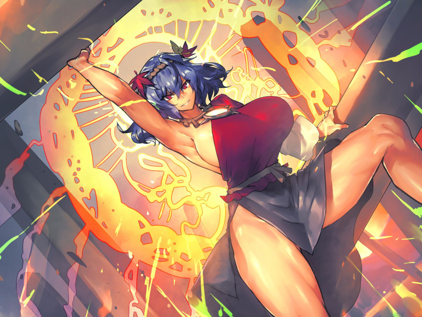 1girl adapted_costume alternate_costume arm_up armpits autumn_leaves backlighting bangs black_skirt blue_hair breasts dual_wielding energy eyes_visible_through_hair grin highres huge_breasts lake legs long_skirt looking_at_viewer mirror mountain muscle neck no_bra onbashira perspective red_eyes rope rope_necklace shiny shiny_clothes shiny_skin short_hair sideboob silhouette single_sleeve skirt sky smile solo sunset temmasa22 thighs touhou waist yasaka_kanako