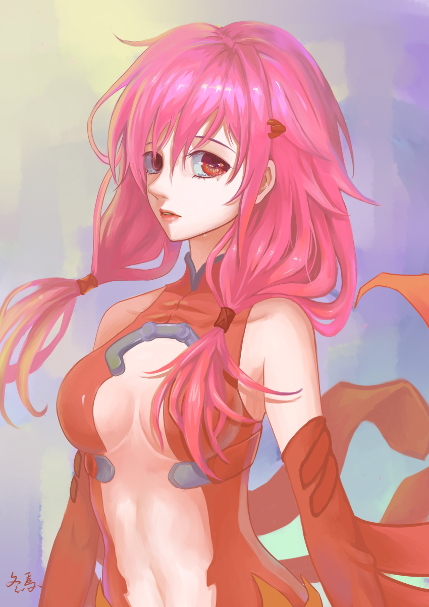 1girl absurdres bare_shoulders breasts center_opening cleavage commentary_request crying crying_with_eyes_open detached_sleeves dong_ma_xue_cai elbow_gloves gloves guilty_crown hair_ornament hairclip highres looking_at_viewer navel pink_hair red_eyes solo tears twintails yuzuriha_inori