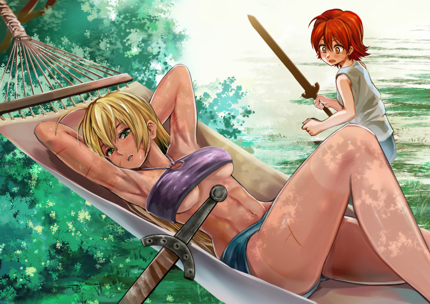 1boy 1girl age_difference ahoge armpits arms_behind_head blonde_hair blush breasts green_eyes halterneck hammock highres long_hair looking_at_another muscle muscular_female open_mouth orange_eyes original puca-rasu redhead scar short_hair shota skirt strapless sweatdrop tan tanline tubetop under_boob