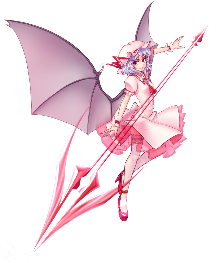 1girl :d ascot bandages bat_wings blue_hair bow brooch buckle collar dress floating_object frilled_collar frilled_sleeves frills full_body gem grin hat hat_bow hater_(artist) high_heels highres huge_weapon jewelry lace lace-trimmed_thighhighs lips long_sleeves mob_cap open_mouth outstretched_arms polearm puffy_short_sleeves puffy_sleeves red_bow red_eyes red_shoes remilia_scarlet shoes short_hair short_sleeves silver_hair simple_background smile solo spear spear_the_gungnir teeth thigh-highs touhou tsurime weapon white_background white_dress white_legwear wings zettai_ryouiki