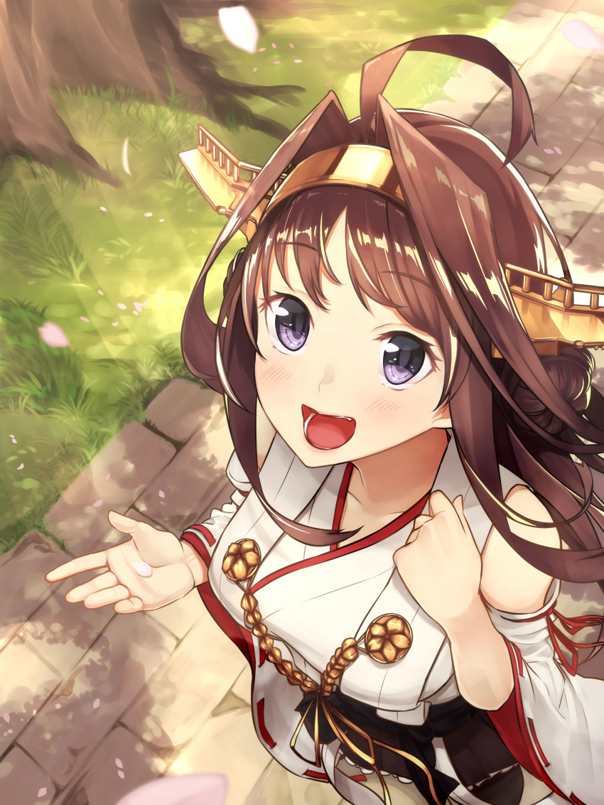 1girl :d absurdres ahoge aiguillette baffu bare_shoulders black_skirt blush brown_hair cherry_blossoms collarbone commentary dappled_sunlight day detached_sleeves double_bun eyebrows eyebrows_visible_through_hair from_above grass hair_intakes hairband hand_on_own_chest headgear highres holding japanese_clothes kantai_collection kongou_(kantai_collection) light_rays long_hair looking_afar looking_up nature nontraditional_miko open_hand open_mouth palms petals plant pleated_skirt red_ribbon ribbon ribbon-trimmed_sleeves ribbon_trim skirt smile solo standing sunlight tareme teeth tree very_long_hair violet_eyes