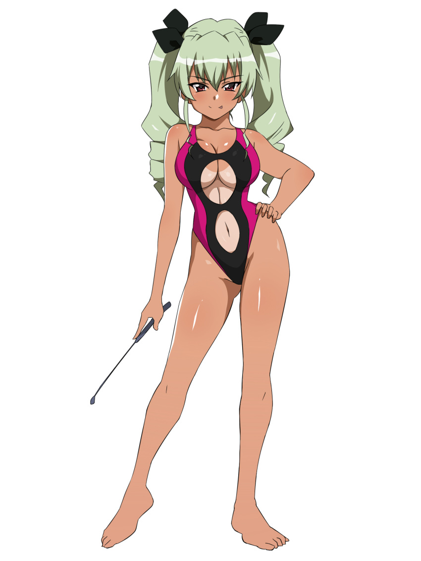 &gt;:p 1girl :p anchovy bare_arms bare_legs bare_shoulders barefoot black_ribbon black_swimsuit blush breasts cleavage closed_mouth competition_swimsuit contrapposto drill_hair girls_und_panzer green_hair groin hair_ribbon hand_on_hip highleg highleg_swimsuit highres holding kagemusha large_breasts legs_apart long_hair looking_at_viewer navel navel_cutout one-piece_swimsuit red_eyes ribbon riding_crop smile solo stomach swimsuit tan tanline toes tongue tongue_out tsurime twin_drills twintails under_boob underboob_cutout