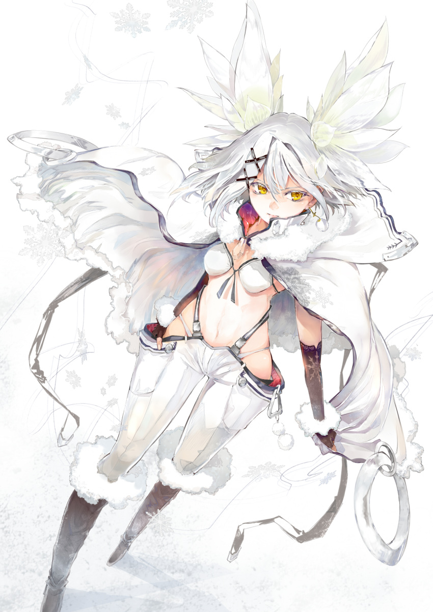 1girl boots dutch_angle hair_ornament hairclip highres knee_boots miso_ni navel original panties solo standing underwear white_hair yellow_eyes