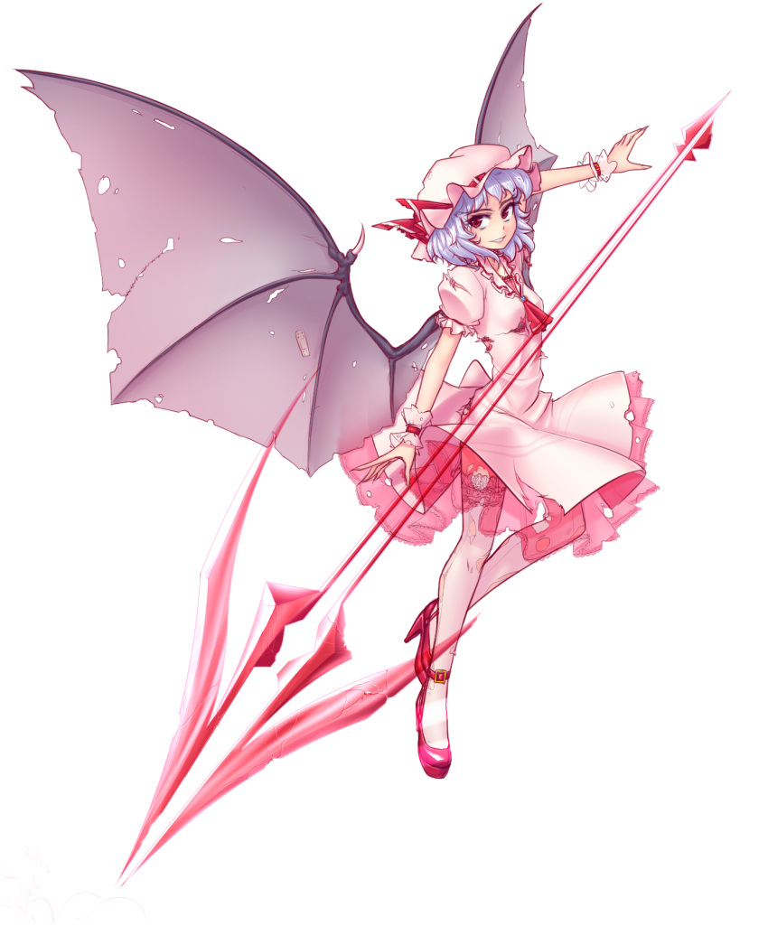 1girl :d ascot bandages bandaid bandaid_on_wing bat_wings blue_hair bow brooch buckle collar dress floating_object frilled_collar frilled_sleeves frills full_body gem grin hat hat_bow hater_(artist) high_heels highres huge_weapon jewelry lace lace-trimmed_thighhighs lips long_sleeves mob_cap open_mouth outstretched_arms polearm puffy_short_sleeves puffy_sleeves red_bow red_eyes red_shoes remilia_scarlet shoes short_hair short_sleeves silver_hair simple_background smile solo spear spear_the_gungnir teeth thigh-highs torn_clothes torn_dress torn_wings touhou tsurime weapon white_background white_dress white_legwear wings zettai_ryouiki