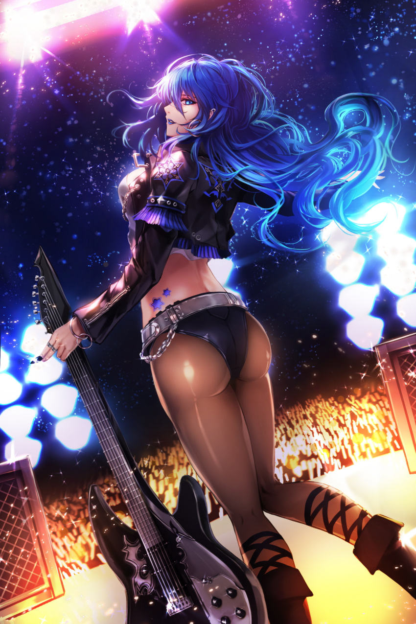 1girl a-line ass belt blue_eyes blue_hair blue_lips brown_legwear concert cropped_jacket crowd ear_piercing from_behind guitar highres instrument jewelry kneepits lipstick long_hair looking_at_viewer looking_back makeup pantyhose piercing plectrum ring solo spotlight stage thighs