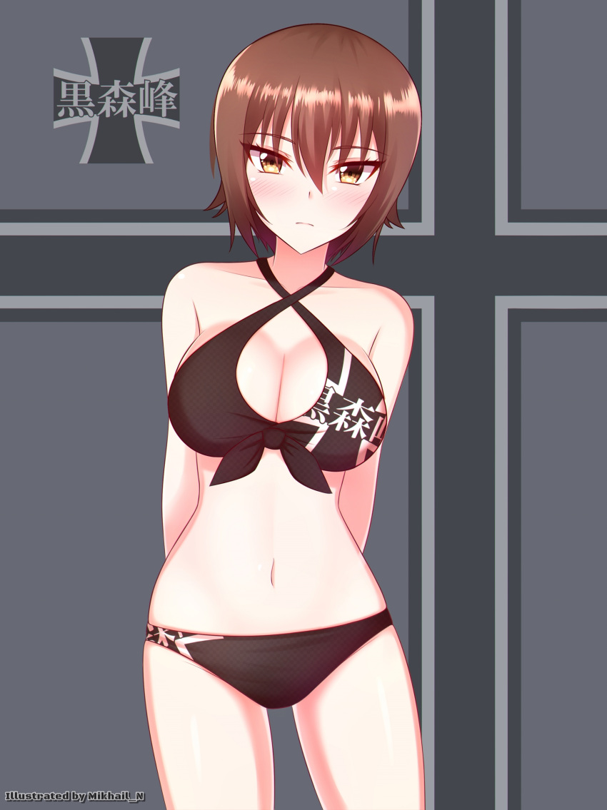 1girl arms_behind_back artist_name bare_arms bare_legs bare_shoulders bikini blush breasts brown_bikini brown_eyes brown_hair brown_ribbon checkered checkered_bikini cleavage closed_mouth clothes_writing collarbone criss-cross_halter eyebrows eyebrows_visible_through_hair front-tie_top frown girls_und_panzer hair_between_eyes halter_top halterneck head_tilt highres iron_cross kanji large_breasts looking_at_viewer midriff mikhail_n navel nishizumi_maho ribbon short_hair solo standing stomach swimsuit thighs tsurime