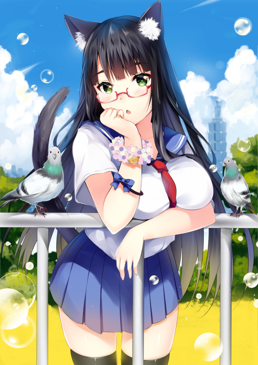 1girl :o animal_ears animal_themed_ring bangs between_breasts bird black_hair black_legwear blue_bow blue_skirt blue_sky bow breast_rest breasts bubble building cat_ears cat_print cat_tail clouds condensation_trail cowboy_shot duji_amo glasses green_eyes highres jewelry large_breasts leaning_forward lens_flare long_hair looking_at_viewer miniskirt necktie necktie_between_breasts open_mouth original outdoors pigeon pleated_skirt railing red-framed_glasses red_necktie ring school_uniform scrunchie semi-rimless_glasses serafuku short_sleeves skirt sky solo tail taipei_101 thigh-highs tree under-rim_glasses white_blouse wrist_scrunchie
