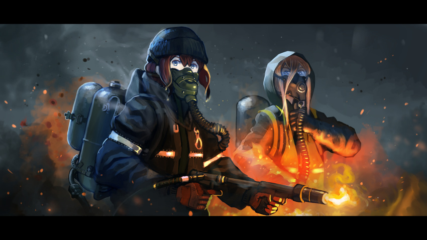 2girls beanie blonde_hair blue_eyes brown_hair cleaners erica_(naze1940) fire flamethrower gloves glowing glowing_eyes hat highres jacket letterboxed multiple_girls original oxygen_mask tom_clancy's_the_division vest weapon