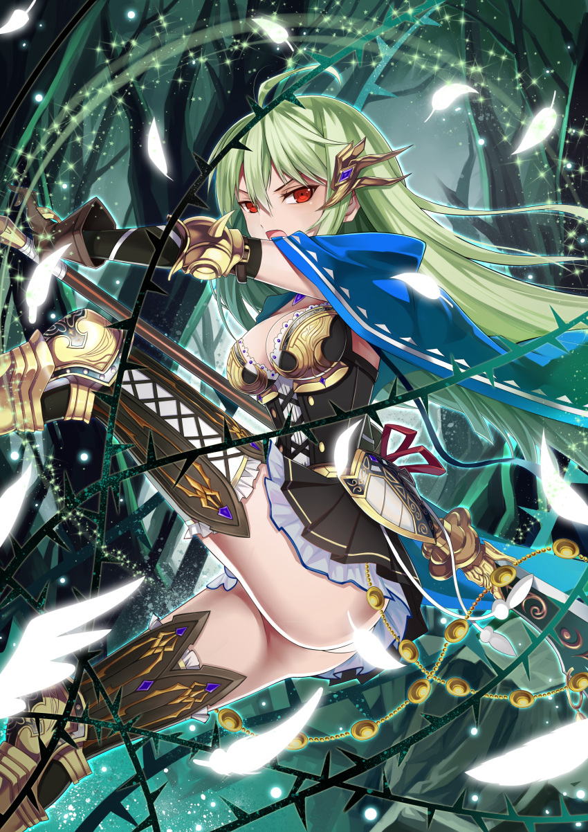 1girl absurdres ahoge ass breasts brown_gloves cape cleavage elbow_gloves feathers gloves green_hair highres ling_si long_hair looking_at_viewer no_panties open_mouth original petticoat polearm red_eyes solo spear thorns tree weapon