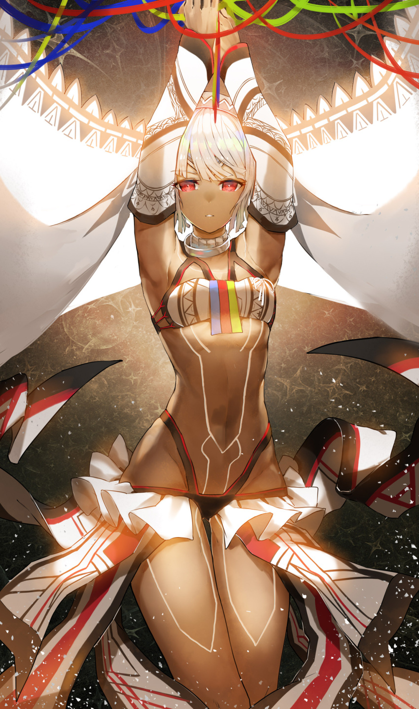 1girl absurdres armpits arms_up attila_(fate/grand_order) bangs bare_shoulders breasts dark_skin detached_collar detached_sleeves fate/grand_order fate_(series) frills glowing groin headband highleg highres horz jewelry light_particles looking_at_viewer midriff multicolored_stripes navel necklace own_hands_together parted_lips red_eyes ribbon short_hair silver_hair small_breasts solo stomach striped tattoo thigh_gap veil white_hair