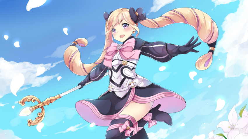 1girl blush boots bow bowtie clouds earrings elise_(fire_emblem_if) fire_emblem fire_emblem_if flower hair_bow jewelry kaetzchen leaf long_hair open_mouth petals pink_eyes sky solo staff twintails