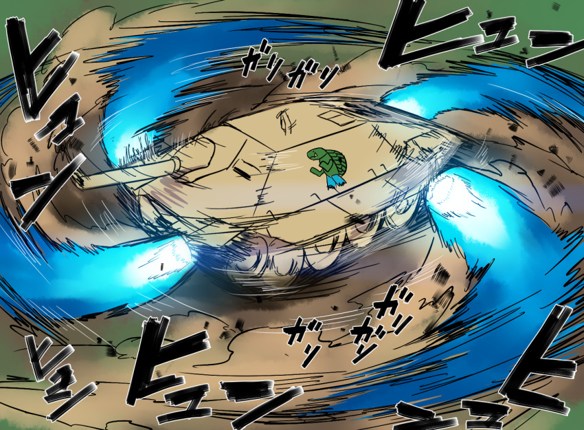 afterburner blew_andwhite dust_cloud emblem gamera gamera_(series) girls_und_panzer jagdpanzer_38(t) kaijuu military military_vehicle monster motion_blur motion_lines no_humans spinning tank turtle vehicle