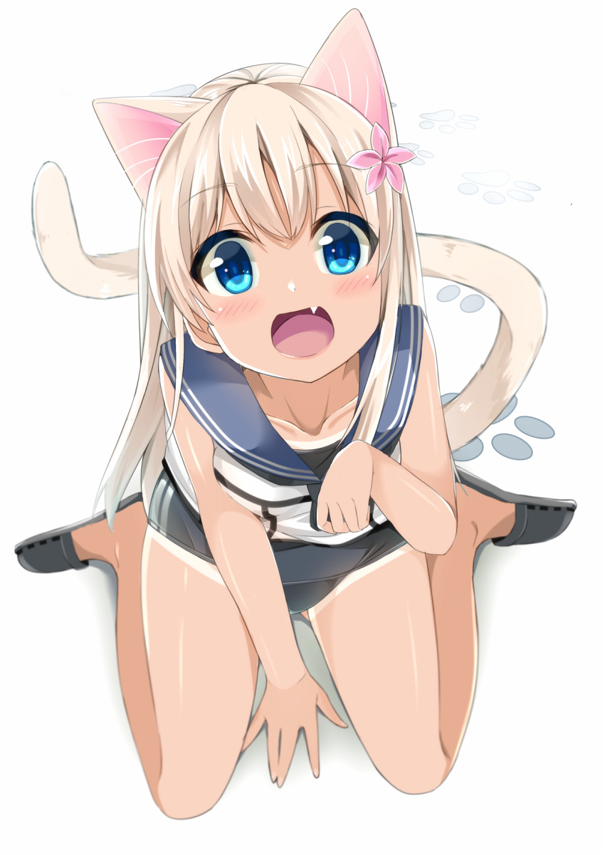 1girl animal_ears blonde_hair blue_eyes cacao_(cacao0809) cat_ears cat_tail crop_top fang flower from_above hair_flower hair_ornament highres kantai_collection kemonomimi_mode open_mouth paw_pose ro-500_(kantai_collection) smile solo swimsuit tail
