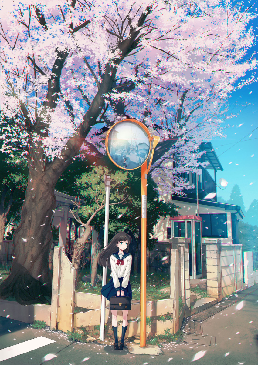 2girls 40hara :o bangs bare_tree black_hair black_legwear black_shoes black_skirt blue_eyes blue_skirt blue_sky bow bowtie branch briefcase broken_wall brown_hair building cherry_blossoms commentary_request day fence floating_hair full_body gate glass grass highres holding_bag house kneehighs loafers long_sleeves looking_away looking_to_the_side manhole_cover mirror motion_blur multiple_girls original outdoors paper petals phone_booth plant pleated_skirt pole power_lines red_bow red_bowtie reflection road sailor_collar scenery school_briefcase school_uniform serafuku shade shadow shoes short_hair skirt sky solo_focus spring_(season) standing street sunlight torii traffic_mirror tree tree_branch v_arms veranda waiting waving_arm white_blouse wind window wooden_fence