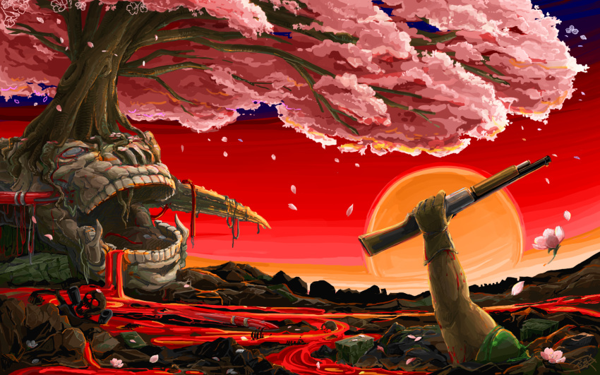 blood cherry_blossoms commentary doom_(game) doomguy gun highres icon_of_sin kurashiki_nanka revenant_(doom) shotgun skeleton sun tree weapon