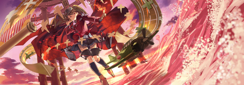 1girl airplane bangs black_legwear black_skirt brown_hair carrying_over_shoulder closed_mouth clouds dutch_angle fire flat_chest floating_hair from_below fujita_(condor) highres japanese_clothes kantai_collection kneehighs leaf leaf_print lens_flare long_hair long_sleeves looking_at_viewer magatama magic maple_leaf miniskirt motion_blur onmyouji outdoors platform_footwear pleated_skirt red_eyes ryuujou_(kantai_collection) scroll shade shikigami shirt shirt_lift skirt skirt_lift sky smile solo standing_on_one_leg striped sun suspender_skirt suspenders swept_bangs torii twilight twintails upshirt visor_cap water waves white_shirt