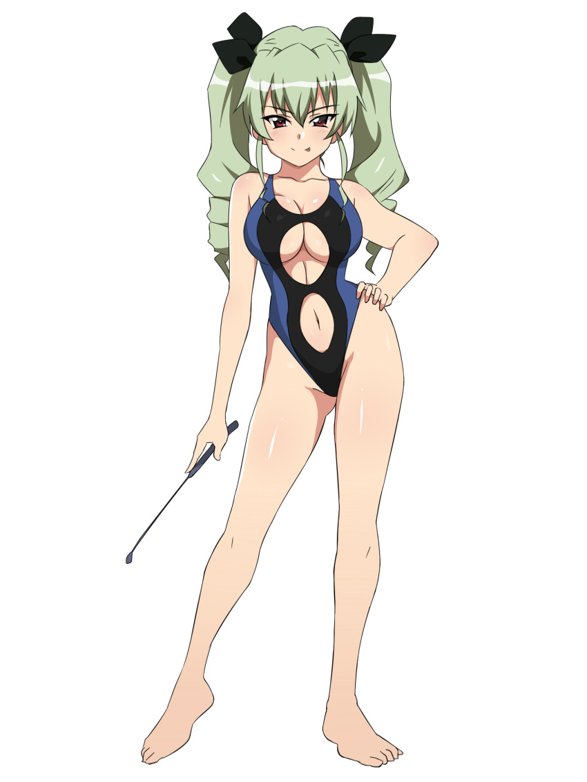 &gt;:p 1girl :p anchovy bare_arms bare_legs bare_shoulders barefoot black_ribbon black_swimsuit blush breasts cleavage closed_mouth competition_swimsuit contrapposto drill_hair girls_und_panzer green_hair groin hair_ribbon hand_on_hip highleg highleg_swimsuit highres holding kagemusha large_breasts legs_apart long_hair looking_at_viewer navel navel_cutout one-piece_swimsuit red_eyes ribbon riding_crop smile solo stomach swimsuit toes tongue tongue_out tsurime twin_drills twintails under_boob underboob_cutout