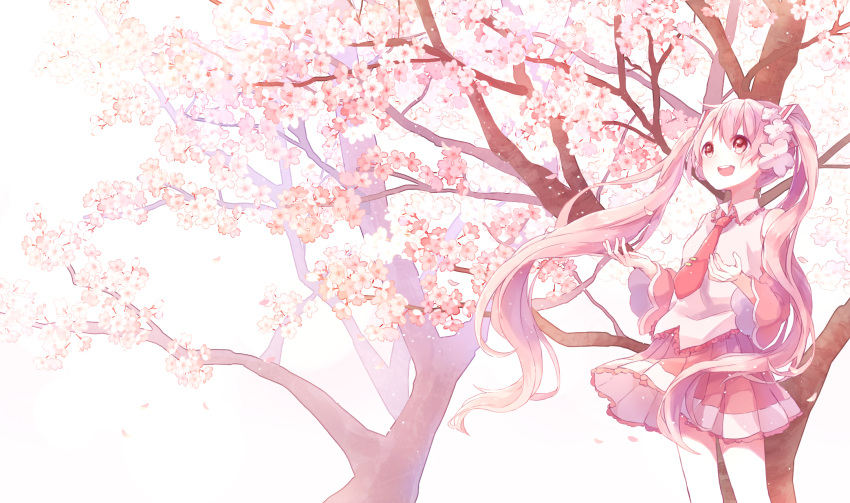 1girl :d alternate_color cherry_blossoms commentary_request detached_sleeves flower hair_flower hair_ornament hatsune_miku highres long_hair necktie open_mouth petals pink_hair pink_skirt red_eyes sakura_miku sentaro207 skirt smile solo tie_clip twintails very_long_hair vocaloid