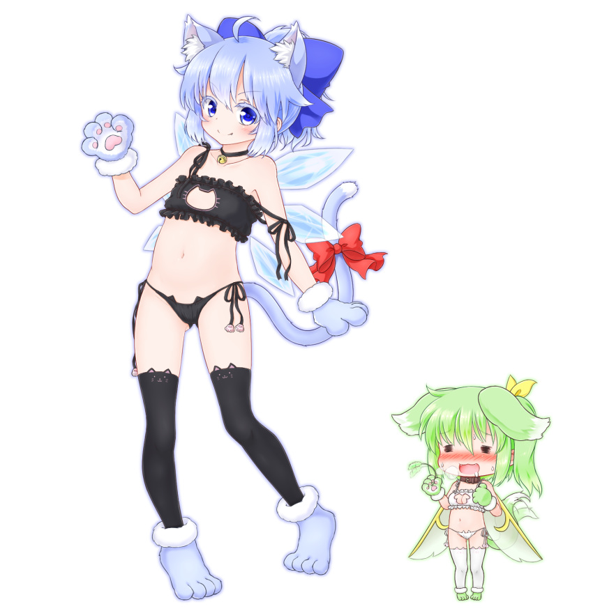 &gt;:) 2girls =_= adapted_costume ahoge animal_cutout animal_ears bare_arms bare_shoulders bell bell_collar black_bra black_legwear black_panties blue_eyes blue_hair blush bow bra breasts cat_band_legwear cat_cutout cat_ear_panties cat_ears cat_gloves cat_lingerie cat_print cat_tail cat_teaser cattail cirno cleavage_cutout collar daiyousei dog_ears dog_tail drooling fairy_wings fang fang_out female_pervert flat_chest green_hair hair_bow hair_ribbon heavy_breathing highres ice ice_wings kemonomimi_mode midriff mofu_mofu multiple_girls navel off_shoulder panties paw_shoes pervert plant ponytail ribbon shoes side-tie_panties side_ponytail smile strap_slip sweat tail tail_bow tail_wagging thigh-highs thighs touhou underwear underwear_only white_bra white_legwear white_panties wings