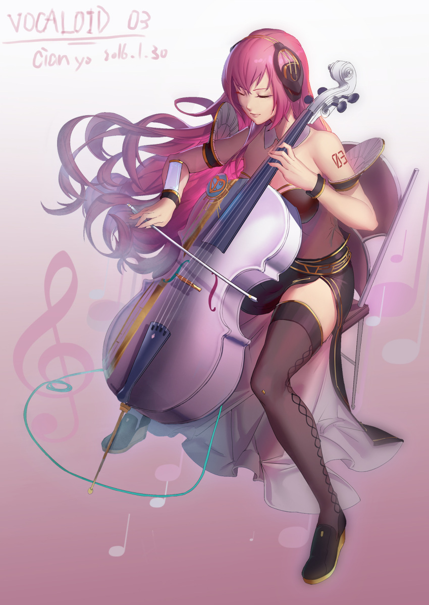 1girl 2016 cello chair closed_eyes dated highres instrument long_hair megurine_luka musical_note pink_hair playing_instrument qaz2365643 sitting solo thigh-highs very_long_hair vocaloid