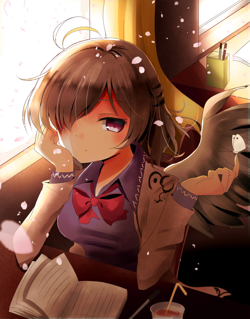 1girl absurdres angel_wings book brown_hair butterfly_on_hand curtains drinking_cup drinking_straw hair_over_one_eye highres indo_(mdtanaka2007) jacket kishin_sagume long_sleeves looking_at_viewer open_clothes open_jacket pen petals purple_hair single_wing sitting solo table touhou violet_eyes window wings