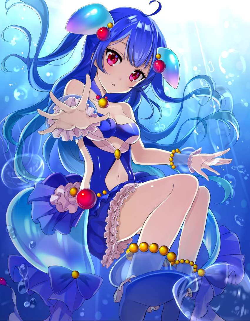 1girl blue_hair blue_swimsuit detached_collar dress fish hair_ornament highres jellyfish light long_hair looking_at_viewer navel_cutout noa_(shironeko_project) one-piece_swimsuit open_mouth outstretched_arm red_eyes satoimo_chika shironeko_project sitting swimsuit underwater