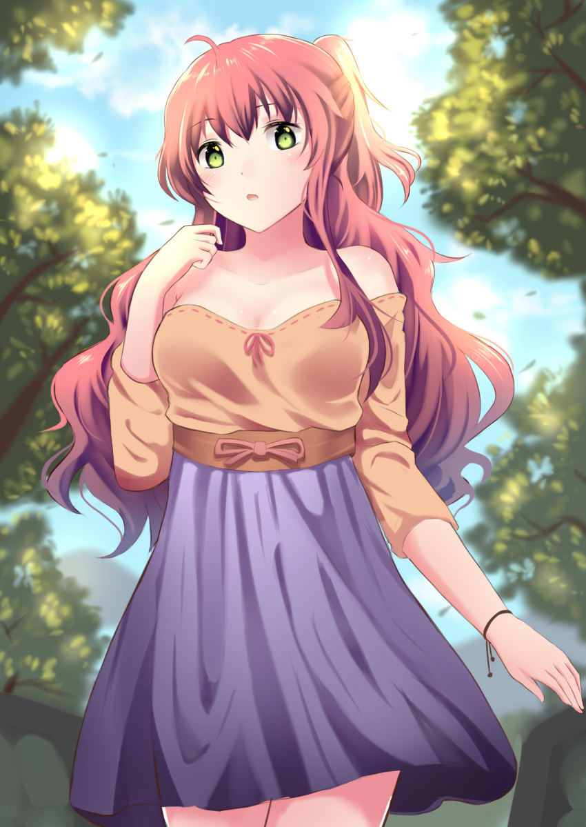 1girl ahoge bangs blouse blue_sky bow bracelet breasts cowboy_shot green_eyes highres jewelry long_hair looking_at_viewer off_shoulder open_mouth original outdoors pink_hair purple_skirt ribbon_trim skirt sky solo standing sunlight tree ucukrtz wristband