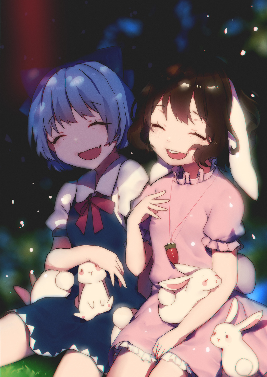 2girls ^_^ acidear animal animal_ears animal_on_lap bangs black_hair blue_bow blue_dress blue_hair bow buck_teeth bunny_tail carrot_necklace cirno closed_eyes collared_shirt dappled_sunlight dress eyebrows eyebrows_visible_through_hair fang frilled_sleeves frills hair_bow highres ice inaba_tewi jumper laughing light_particles motion_blur multiple_girls neck_ribbon open_mouth pink_dress puffy_short_sleeves puffy_sleeves rabbit rabbit_ears red_ribbon ribbon shade shirt short_sleeves sitting sunlight tail touhou white_shirt
