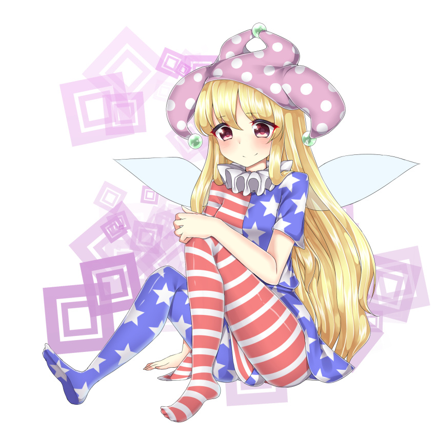 1girl american_flag_legwear american_flag_shirt bangs blonde_hair blush cheunes clownpiece collar fairy_wings frilled_collar frills hat highres jester_cap knees_up long_hair looking_at_viewer no_shoes pantyhose pink_hair polka_dot shirt short_hair sidelocks simple_background sitting smile solo star striped touhou very_long_hair white_background wings