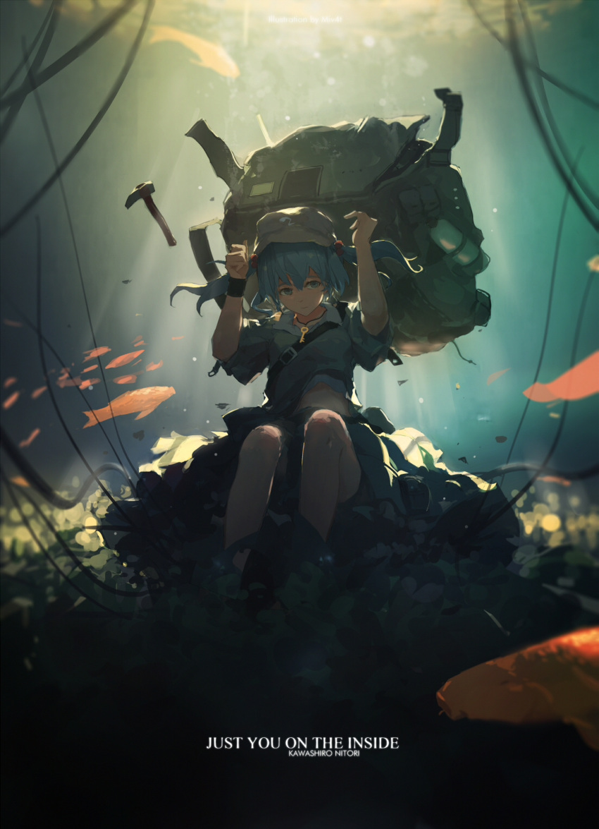 1girl air_bubble animal artist_name backlighting backpack bag bangs belt blue_eyes blue_hair blue_shirt blue_skirt blurry bottle cable character_name closed_mouth depth_of_field english fish floating_hair hair_between_eyes hair_bobbles hair_ornament hammer hands_up hat highres jewelry kawashiro_nitori key koi looking_at_viewer mivit pendant shirt shirt_lift short_sleeves sitting skirt skirt_set solo sunlight touhou two_side_up underwater wristband