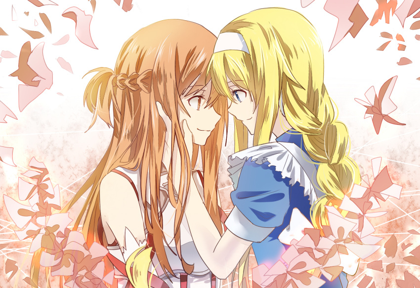 2girls alice_schuberg apron asuna_(sao) blonde_hair blue_dress blue_eyes braid brown_eyes brown_hair cherry_blossoms dress eye_contact french_braid hand_on_another's_cheek hand_on_another's_face long_hair looking_at_another multiple_girls simple_background smile sword_art_online walluku white_background yuri