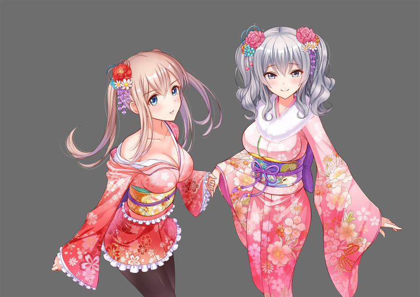 2girls :o arm_at_side bare_shoulders bird_print black_legwear blonde_hair blue_eyes blush breasts cleavage closed_mouth collarbone cowboy_shot eyebrows eyebrows_visible_through_hair floral_print flower frilled_kimono frilled_sleeves frills fur_collar fur_trim graf_zeppelin_(kantai_collection) grey_background grey_eyes hair_flower hair_ornament hairpin highres holding_hands japanese_clothes kantai_collection kanzashi kashima_(kantai_collection) kimono large_breasts lolita_fashion long_sleeves looking_at_viewer ltt_challenger multiple_girls obi off_shoulder outstretched_arm pantyhose parted_lips pink_flower purple_ribbon red_flower ribbon sash short_twintails sidelocks silver_hair simple_background smile standing tareme tassel twintails underbust wa_lolita wavy_hair white_flower wide_sleeves yukata