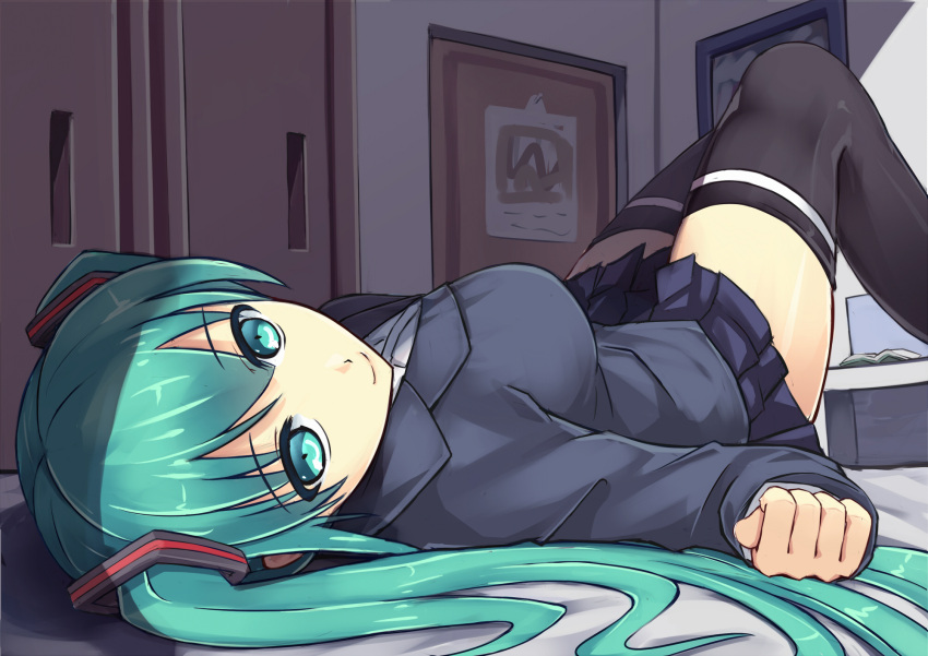 1girl alternate_costume aqua_eyes aqua_hair bedroom black_legwear blazer blue_jacket book breasts closed_mouth closet door eyebrows eyebrows_visible_through_hair from_above hair_ornament hatsune_miku highres indoors jacket large_breasts long_sleeves looking_at_viewer lying miniskirt on_back on_bed open_book pleated_skirt school_uniform shade skirt smile solo srwsrx_(gp03dsrx) thigh-highs twintails vocaloid wall
