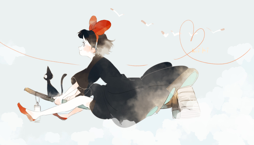 1girl black_cat black_dress bow broom broom_riding brown_hair cat dress from_side full_body hair_bow heart heart_of_string highres jiji_(majo_no_takkyuubin) kiki lantern majo_no_takkyuubin panbukin profile red_bow red_shoes red_string shoes short_hair simple_background string witch