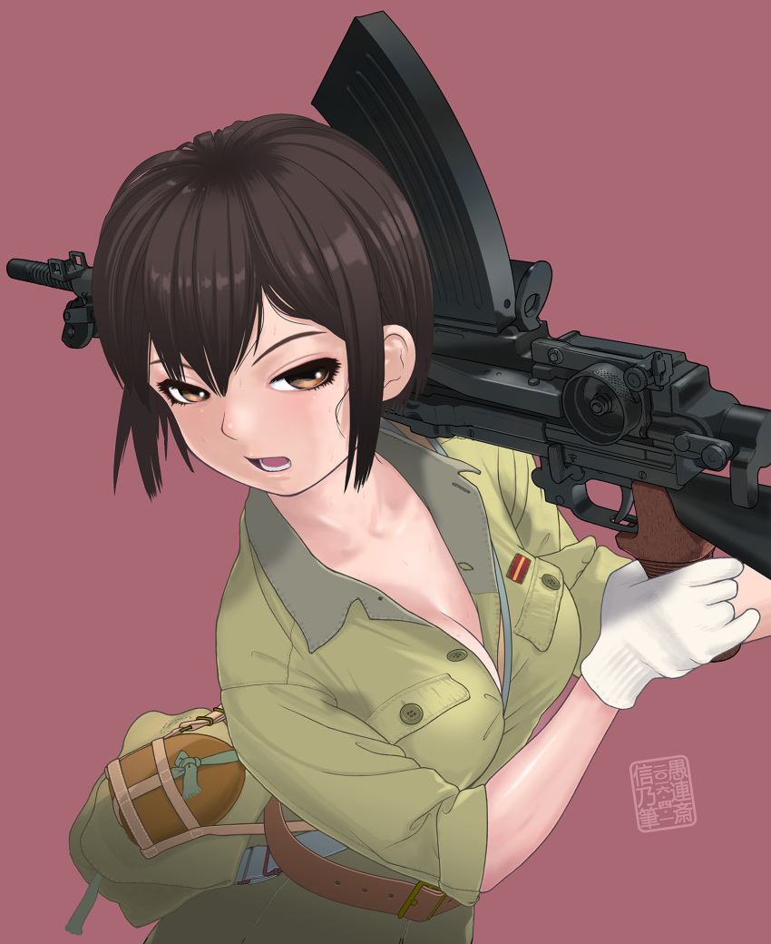 1girl breasts brown_eyes brown_hair canteen cleavage from_above gloves gun highres imperial_japanese_army looking_at_viewer looking_to_the_side machine_gun military military_uniform original pink_background short_hair signature simple_background sino sleeves_rolled_up soldier solo sweat type_96 uniform upper_body weapon world_war_ii