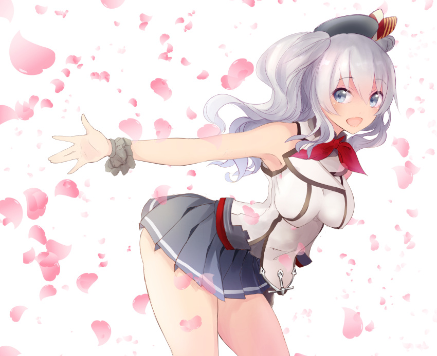 1girl :d adapted_costume armpits bare_shoulders bent beret black_hat blue_eyes blush bow breasts cherry_blossoms eyebrows eyebrows_visible_through_hair frilled_cuffs hair_between_eyes hat hat_bow highres kantai_collection kashima_(kantai_collection) kerchief large_breasts looking_at_viewer miniskirt open_mouth outstretched_arms petals pleated_skirt red_ribbon ribbon scrunchie shirt short_twintails silk silver_hair skirt sleeveless sleeveless_shirt smile solo spider_web standing tbd11 thighs twintails uniform wavy_hair white_shirt wrist_cuffs