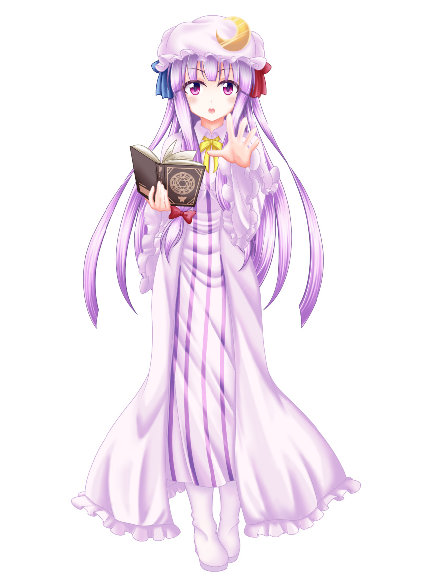 1girl blush book crescent crescent_hair_ornament hair_ornament hat highres mob_cap open_hands open_mouth patchouli_knowledge purple_hair reimei_(r758120518) solo tachi-e touhou violet_eyes white_background