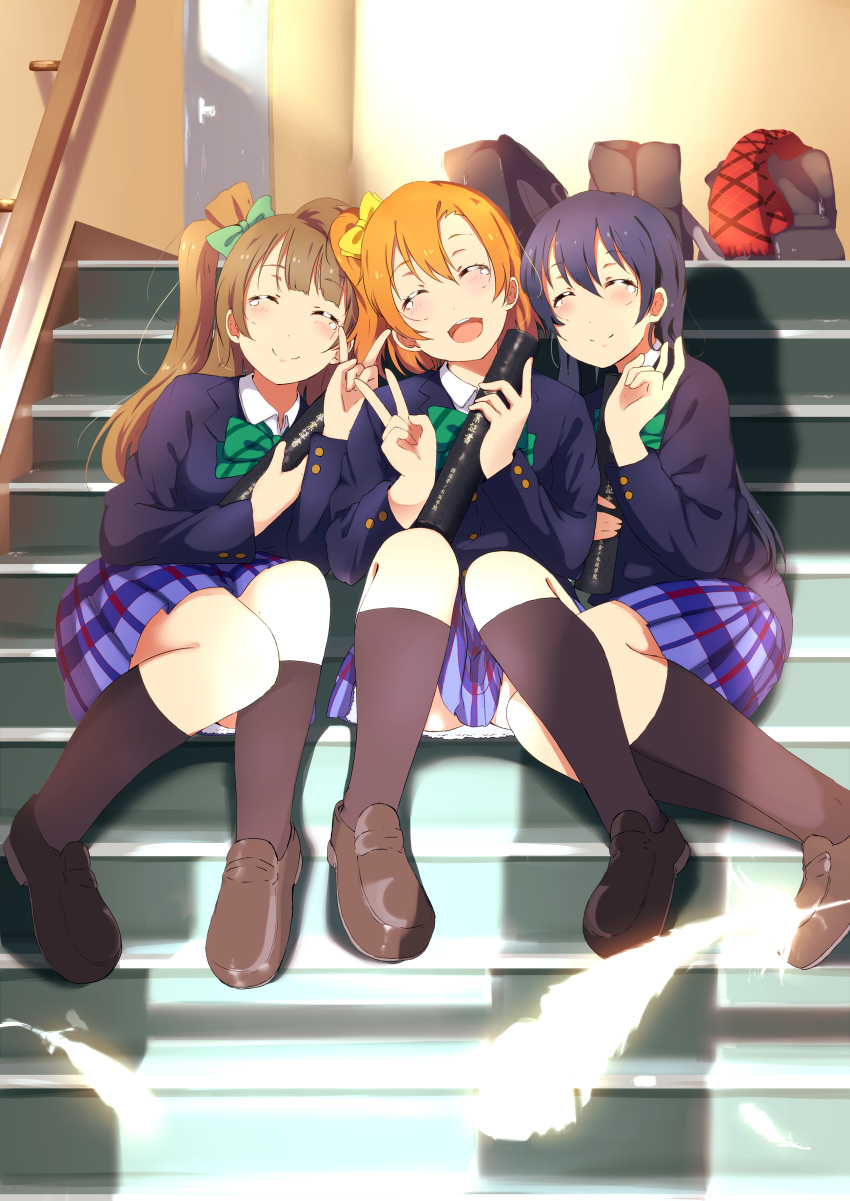 3girls :d ^_^ absurdres backpack backpack_removed bag bangs black_legwear blazer blue_hair bow brown_hair brown_shoes closed_eyes crying diploma door facing_viewer feathers hair_bow happy_tears haru_(toarutakii) head_tilt highres indoors jacket kneehighs kousaka_honoka loafers long_hair long_sleeves love_live!_school_idol_project minami_kotori multiple_girls one_side_up open_mouth orange_hair plaid plaid_skirt pleated_skirt revision shoes short_hair side-by-side side_ponytail sitting sitting_on_stairs skirt smile sonoda_umi stairs sunlight tears v wing_collar