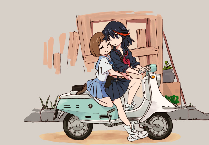 2girls arms_around_waist black_hair bowl_cut brown_hair closed_eyes commentary_request fence grey_eyes ground_vehicle hair_between_eyes high_tops highres kill_la_kill mankanshoku_mako matoi_ryuuko midriff motor_vehicle multicolored_hair multiple_girls neckerchief plant pleated_skirt potted_plant redhead school_uniform scooter senketsu serafuku short_hair short_sleeves skirt smile streaked_hair sushio suspenders two-tone_hair