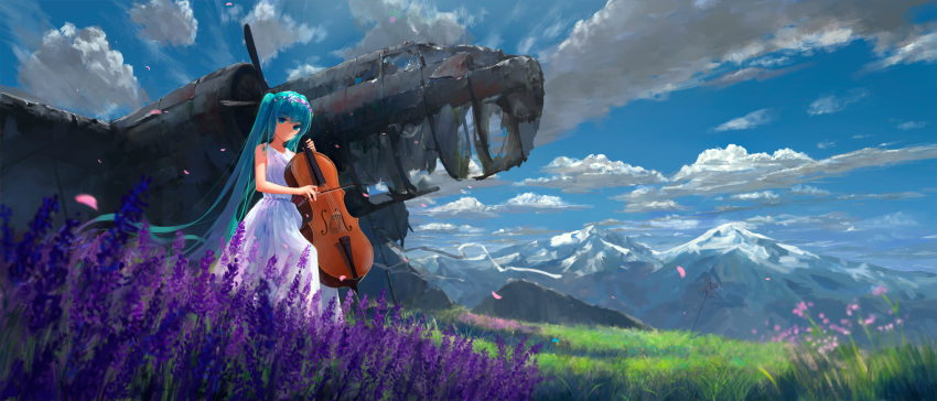 1girl airplane alternate_costume aqua_eyes aqua_hair bangs blue_sky blurry broken cello closed_mouth clouds depth_of_field dress eyebrows eyebrows_visible_through_hair fire flag flower from_below grass hatsune_miku head_wreath highres instrument lavender_(flower) long_hair looking_at_viewer meadow mountain nature outdoors petals pink_flower playing_instrument purple_fire ribbon scenery shade sky sleeveless sleeveless_dress smile solo sombernight streamers twintails very_long_hair vocaloid white_dress wind wreckage