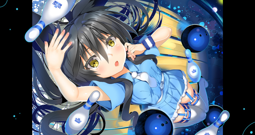 1girl arm_up ball black_hair blush bowling_ball bowling_pin char highres long_hair looking_at_viewer lying necktie on_back open_mouth original short_sleeves skirt solo wristband yellow_eyes