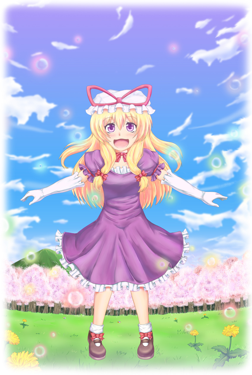 1girl acchii_(gb06109) bangs blue_sky blush bow brown_shoes bubble cherry_blossoms choker clouds dandelion day dress elbow_gloves flower forest frilled_dress frills gloves grass hair_bow happy hat hat_ribbon highres legs long_hair looking_at_viewer mob_cap mountain nature open_mouth outstretched_arms puffy_short_sleeves puffy_sleeves purple_dress ribbon ribbon_choker shoes short_dress short_sleeves sidelocks sky small_breasts smile socks solo tongue touhou tree violet_eyes white_gloves white_legwear yakumo_yukari younger