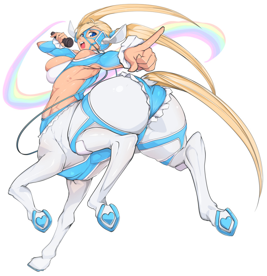1girl animal_ears ass blonde_hair blue_eyes breasts capcom centaur full_body heart highres hooves horse_ears horse_tail index_finger_raised large_breasts microphone monster_girl open_mouth outstretched_arm rainbow rainbow_mika simple_background skindentation slugbox solo street_fighter tail twintails white_background