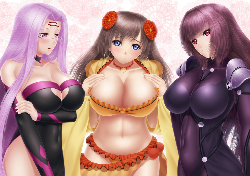 3girls blue_eyes breast_suppress breasts cleavage covered_navel fate/grand_order fate/stay_night fate_(series) glasses hair_ornament large_breasts long_hair masatoki mata_hari_(fate/grand_order) multiple_girls navel purple_hair rider scathach_(fate/grand_order) very_long_hair violet_eyes