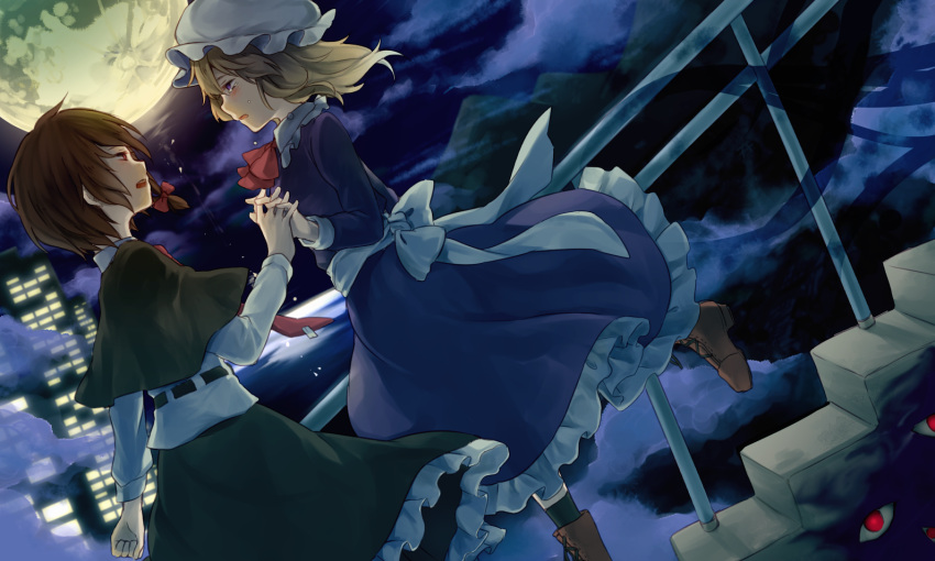 2girls blonde_hair brown_eyes brown_hair capelet city_lights clouds commentary_request dress eye_contact full_moon gap gensou_aporo holding interlocked_fingers long_sleeves looking_at_another maribel_hearn moon multiple_girls night purple_dress railing sash shirt skirt sky stairs touhou usami_renko