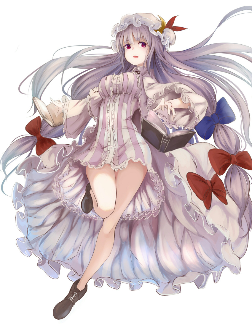 1girl bangs blue_bow book boots bow brown_boots crescent crescent_hair_ornament dress eyebrows eyebrows_visible_through_hair frilled_dress frills full_body hair_bow hair_ornament hat highres homo_1121 long_hair long_sleeves mob_cap patchouli_knowledge purple_hair red_bow red_eyes short_dress simple_background solo striped striped_dress touhou vertical_stripes very_long_hair white_background wide_sleeves
