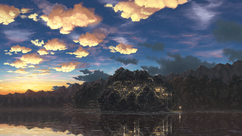 bird clouds duck dusk fireflies forest highres ladder lake lamppost mountain nature no_humans original outdoors poppo_sutchy revision scenery sky star_(sky) sunset tree treehouse water