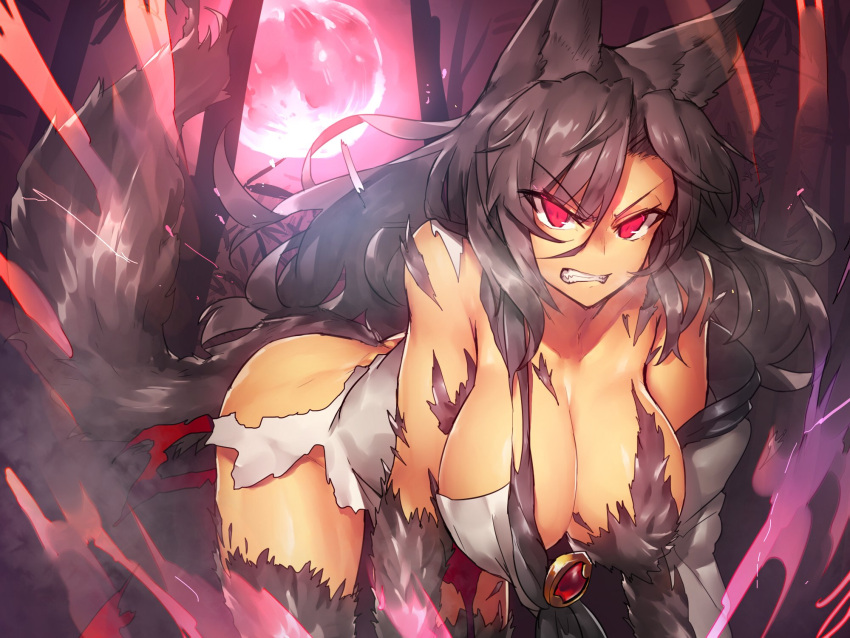 1girl all_fours animal_ears ass bare_shoulders black_hair breasts brooch cleavage clenched_teeth full_moon fur hanging_breasts heavy_breathing highres imaizumi_kagerou jewelry large_breasts long_hair looking_at_viewer moon red_eyes red_moon solo tail teeth temmasa22 torn_clothes touhou transformation tsurime wolf_ears wolf_tail