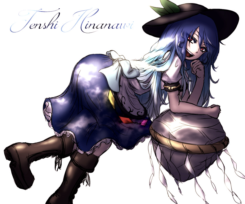 1girl arm_rest ass blue_hair blue_skirt blue_sky boots bow character_name chin_rest clouds colored_eyelashes commentary_request cross-laced_footwear eyelashes frilled_skirt frills from_side hat hinanawi_tenshi keystone leaf leaning_forward lighting long_hair looking_at_viewer miata_(pixiv) open_mouth red_eyes rock rope shide shirt simple_background skirt sky smile solo sunlight touhou very_long_hair white_background white_bow white_shirt