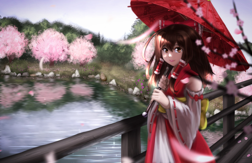 1girl :d artist_name bare_shoulders blue_sky blurry bow branch bridge brown_eyes brown_hair cherry_blossoms day depth_of_field detached_sleeves floral_print hair_between_eyes hair_bow hair_tubes hakurei_reimu koi-nano lake light_smile lipstick long_hair long_sleeves looking_at_viewer makeup obi open_mouth outdoors parasol parted_lips pink_lips plant railing red_bow red_umbrella redhead reflection ribbon-trimmed_sleeves ribbon_trim sash shore sidelocks signature sky smile solo sparkle spring_(season) sunlight tareme touhou tree tree_branch umbrella water yellow_bow